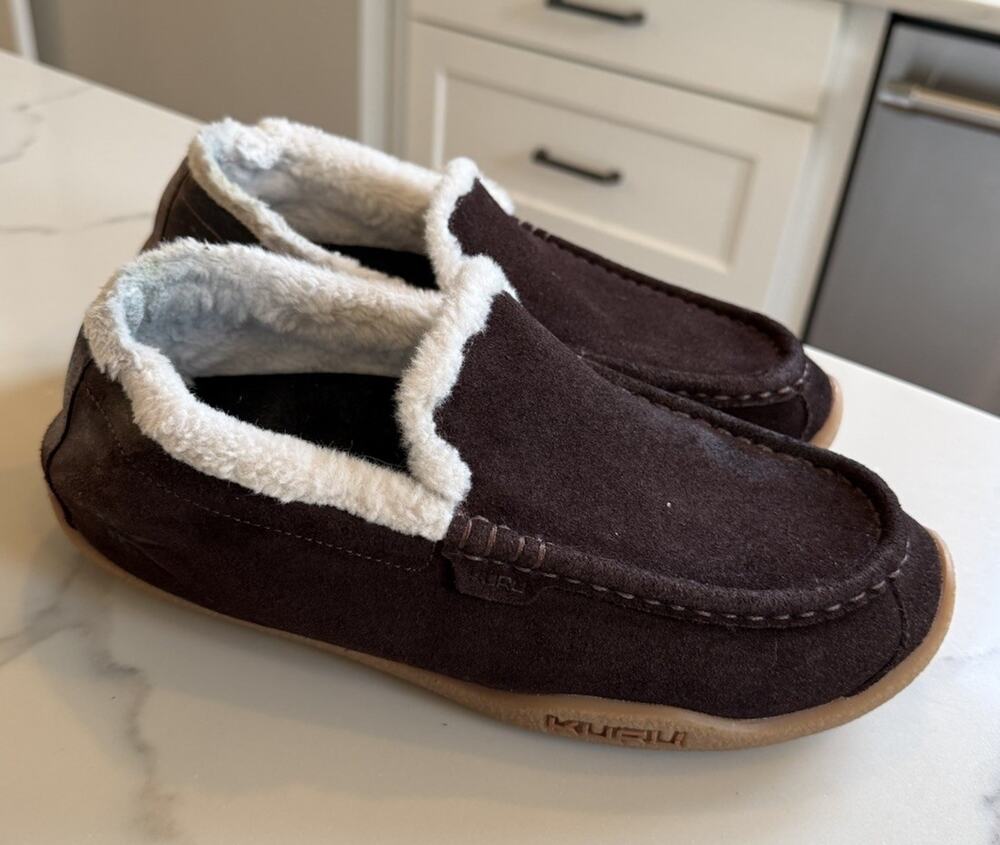 Kuru Loft Women’s Brown White Gum Classic Suede Moccasin Slippers Shoes Sz 9